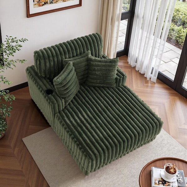 Green Faux Rabbit Fur Polyester Two Arm Chaise Lounge With Cup Holders(Set of 1)