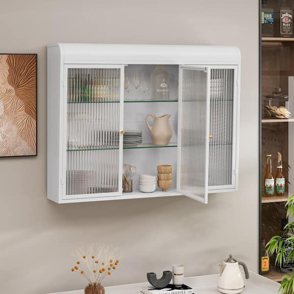 3-Door Arched Wall Mounted Glass Cabinets for Kitchen, Living Room and Bathroom (White)