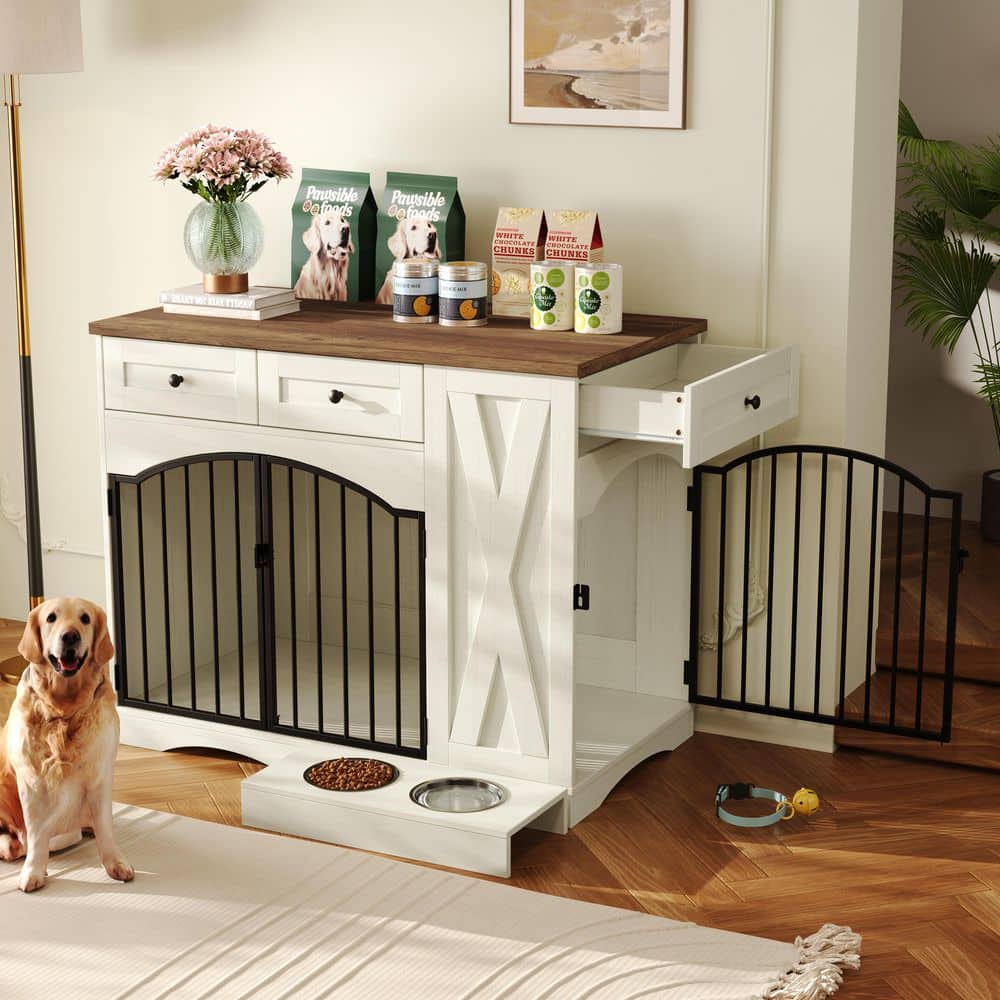 Beige and Brown 35 in. H Farmhouse Storage Cabinet Dog Crate Furniture with 3 Drawers, Removable Feeder price history on PriceWatchPro