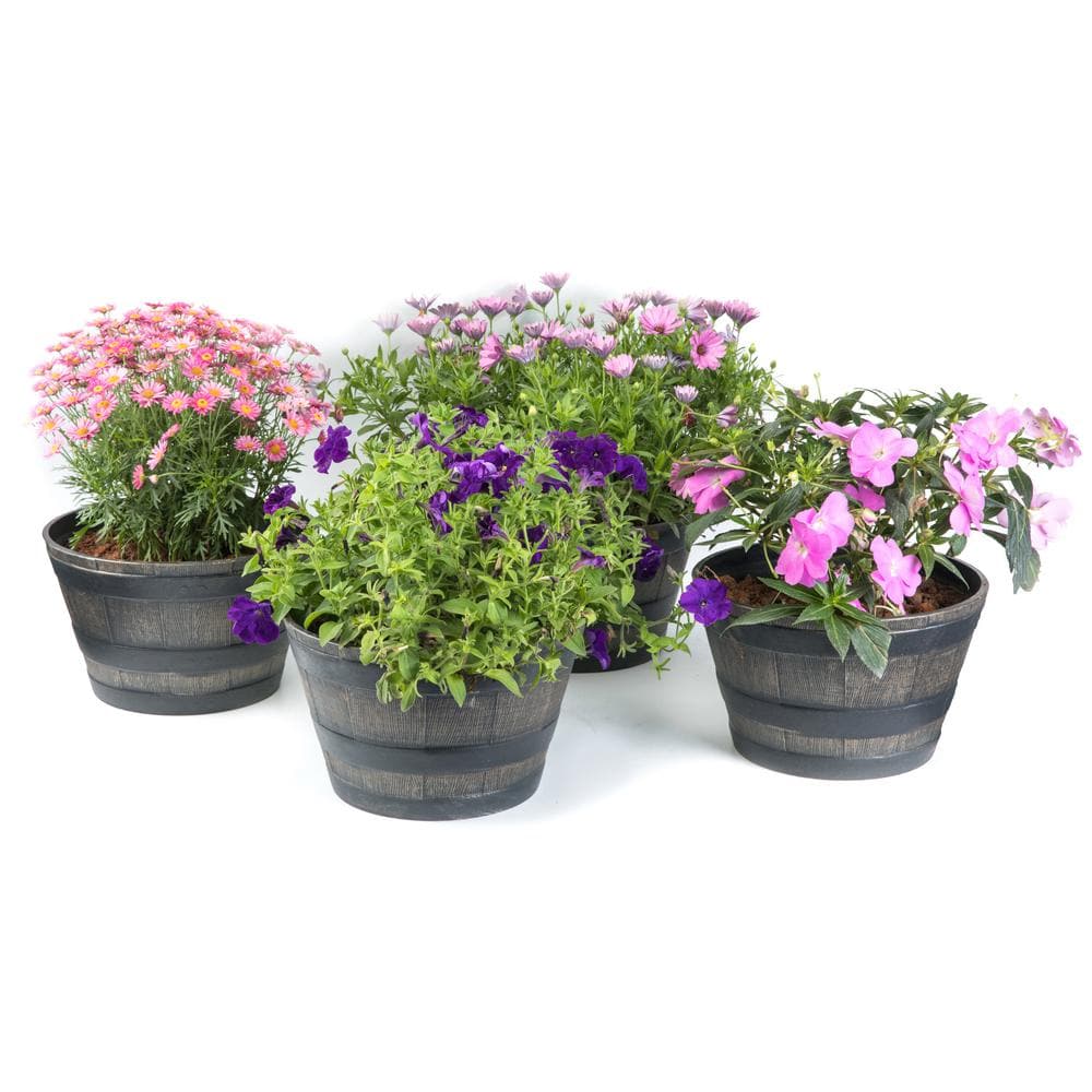 Gardenised Rustic Wood- Look Plastic Half Barrel Flower Pot Bucket Planter, Pack of 4