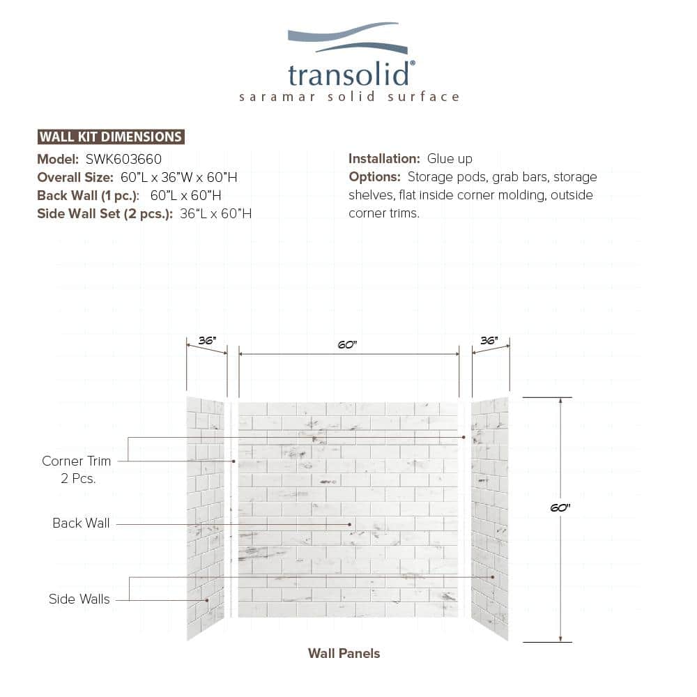 White Venito 36" x 60" Glue Up Solid Surface Shower Wall Kit