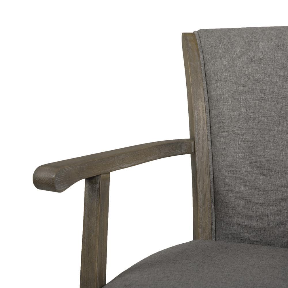 Distressed Wood Swivel Bar Stool with Gray Leather Cushion and Armrests