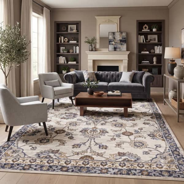Jordan 5 x 8 Ivory/Charcoal Floral Pattern Area Rug for High Traffic Living Room Dining Room Bedroom