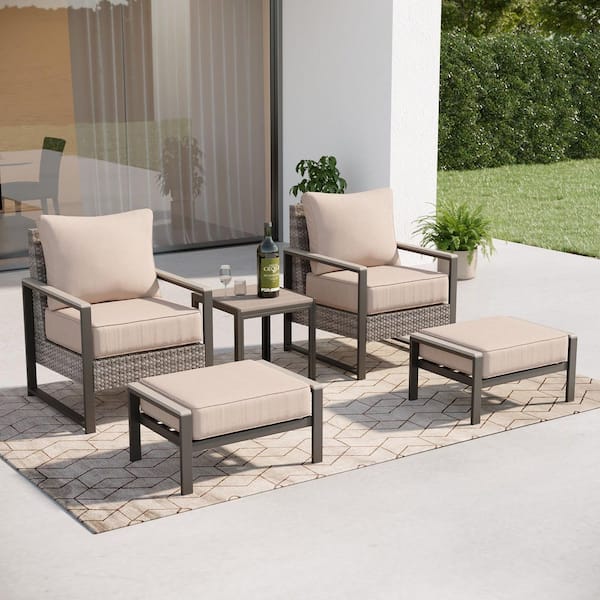 5 Pieces Patio Conversation Set Sofa Set with Ottomans and Side Table Gray PE Wicker with Sand Cushion