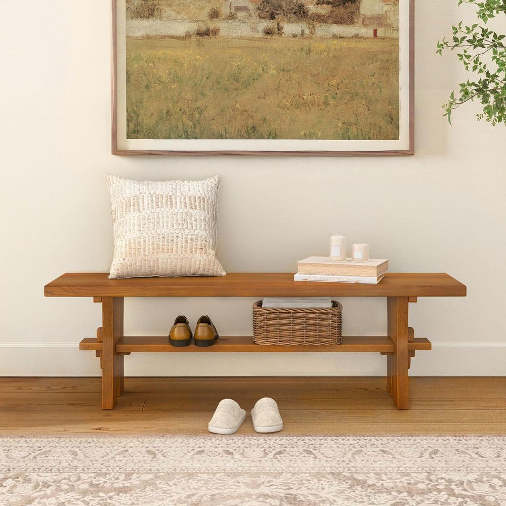 Dorian 59 in. W Dark Wood Solid Elm Wood Dining Bench with Storage Shelf for Entryway Set of 1
