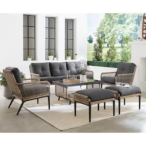 Pasadena 6-Piece Wicker Outdoor Patio Conversation Set with Gray Cushions, Ottomans and Coffee Table