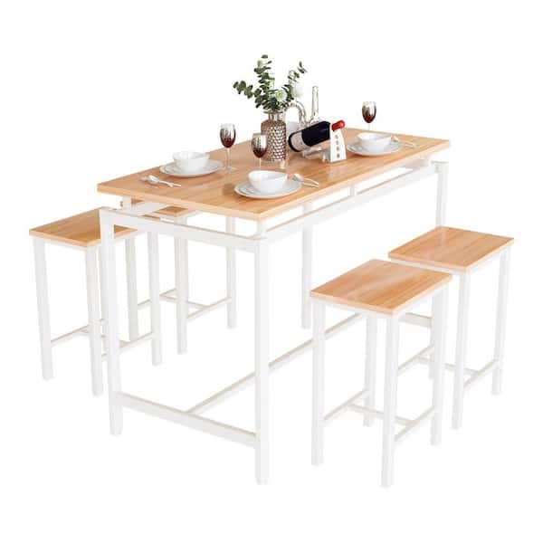5 Pieces Industrial Beige Wood Top Bar Height Kitchen Dining Table Set, Bar Table Set with Footrests and Metal Legs