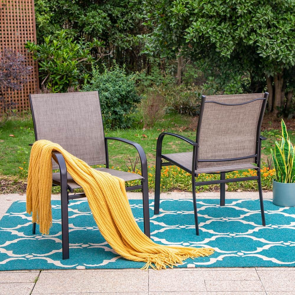 Black Steel Outdoor Dining Armchair with Brown Cushions