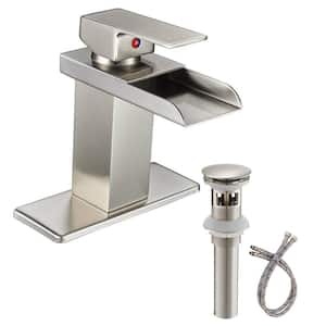 Single-Handle Single-Hole Waterfall Bathroom Sink Faucet with Pop-up Drain Kit and Deckplate Included in Brushed Nickel