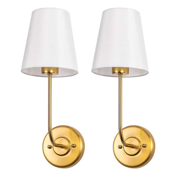 7.5 in. 1-Light Gold Wall Sconce Vintage Industrial Wall Light Fixture with White Fabric Shade(2 Pack)