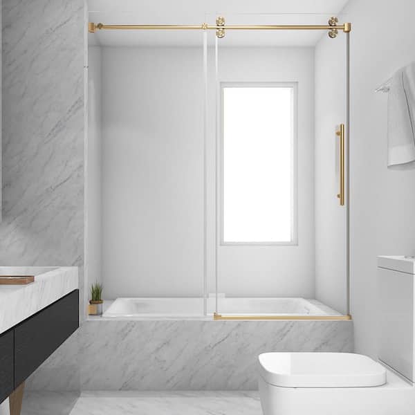 60 in. W x 66 in. H Single Sliding Frameless Tub Door in Brushed Gold with Clear 3/8 in. Glass