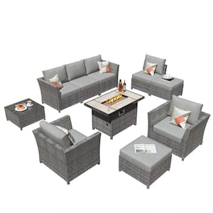 Bexley Gray 10-Piece Wicker Rectangle Fire Pit Patio Conversation Seating Set with Dark Gray Cushions
