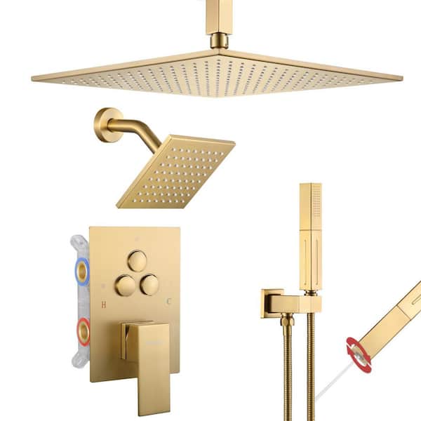 Single Handle 4-Spray Shower Faucet 1.8 GPM 12 in. Square Ceiling Mounted Shower with Pressure Balance in Brushed Gold