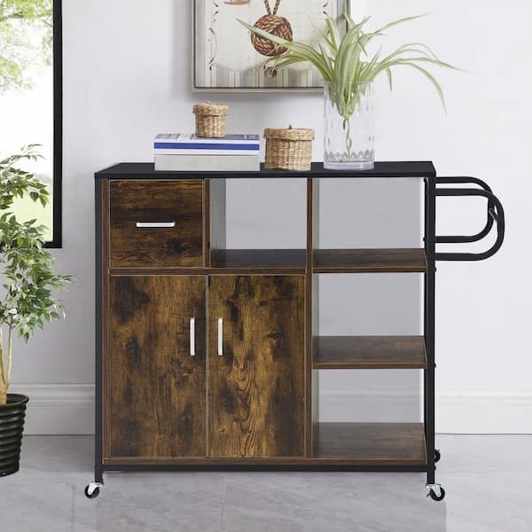 FUNKOL Brown Kitchen Cart with 2 Doors, 1 Drawer and Open Storage Space