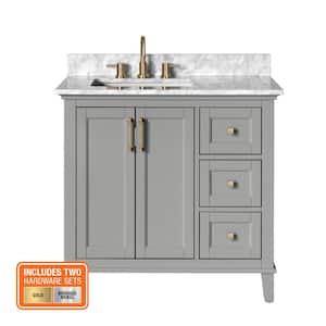 Grayson 37 in. W x 22 in. D x 35 in. H Single Sink Freestanding Bath Vanity in Gray with White Marble Top