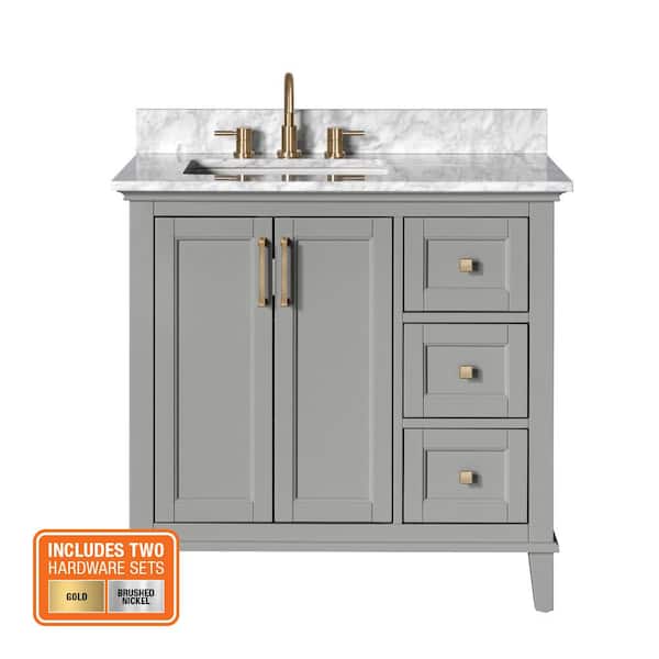 Grayson 37 in. Single Sink Gray Bath Vanity with White Marble Top (Assembled)