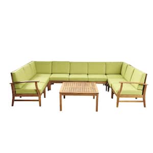 Giancarlo Teak 10-Piece Wood Outdoor Sectional Set with Green Cushions