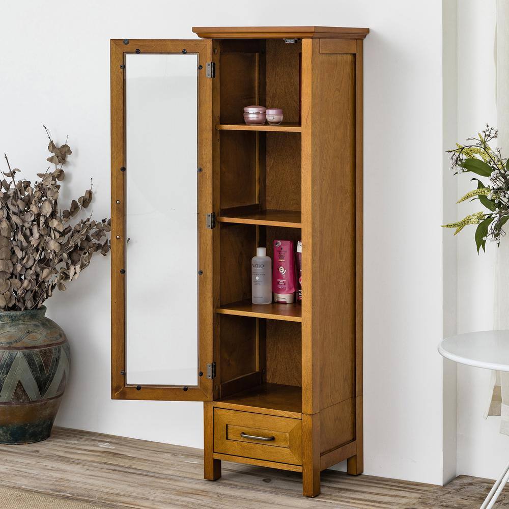 Elegant Avery Oak Linen Tower with Glass Paneled Door and Antique Brass Knobs