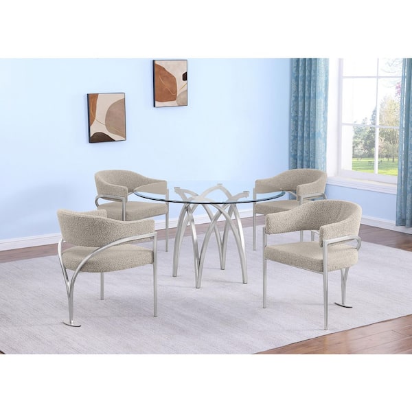 Best Quality Furniture Bayton 5-Piece Clear Tempered Glass Top Brushed Matte Chrome-Plated Base Dining Set With 4-Grey Color Chairs