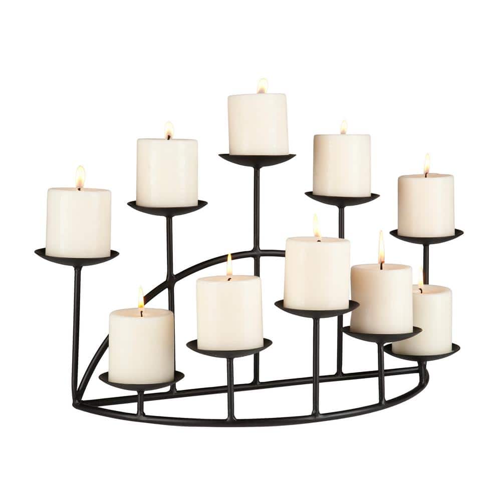 Transitional Matte Black Wrought Iron 10-Platform Candelabra