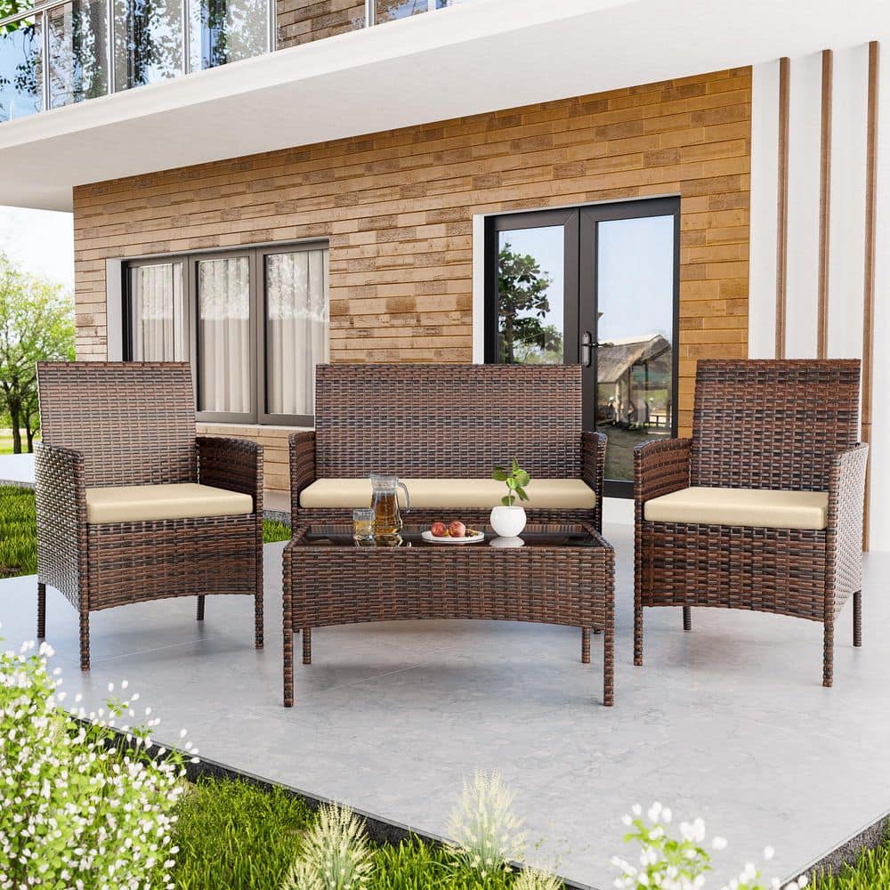 4-Piece Brown Wicker Outdoor Patio Conversation Set with Beige Cushions and Coffee Table-Apt, Porch, Yard, Poolside price history on PriceWatchPro