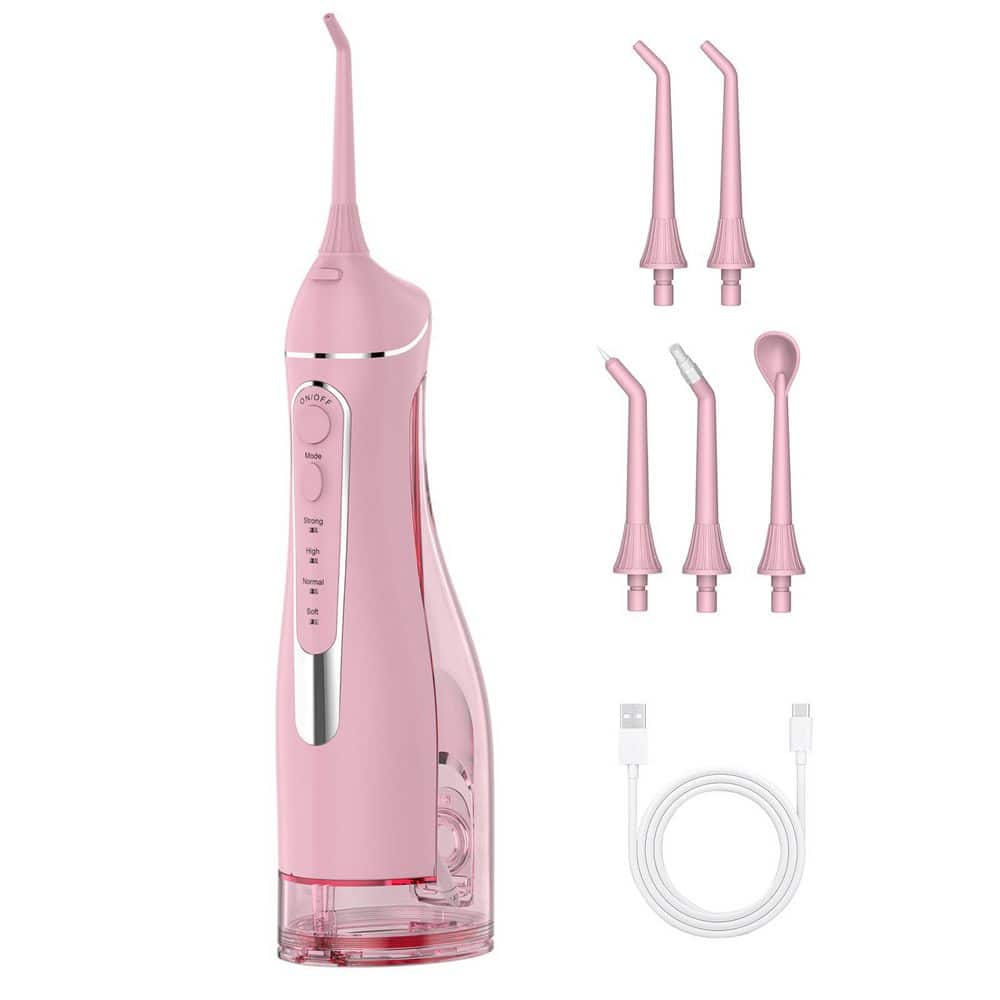 Portable Water Flosser for Teeth Cleaning, 4 Modes, 300 ml Tank, 5 Tips, Pink