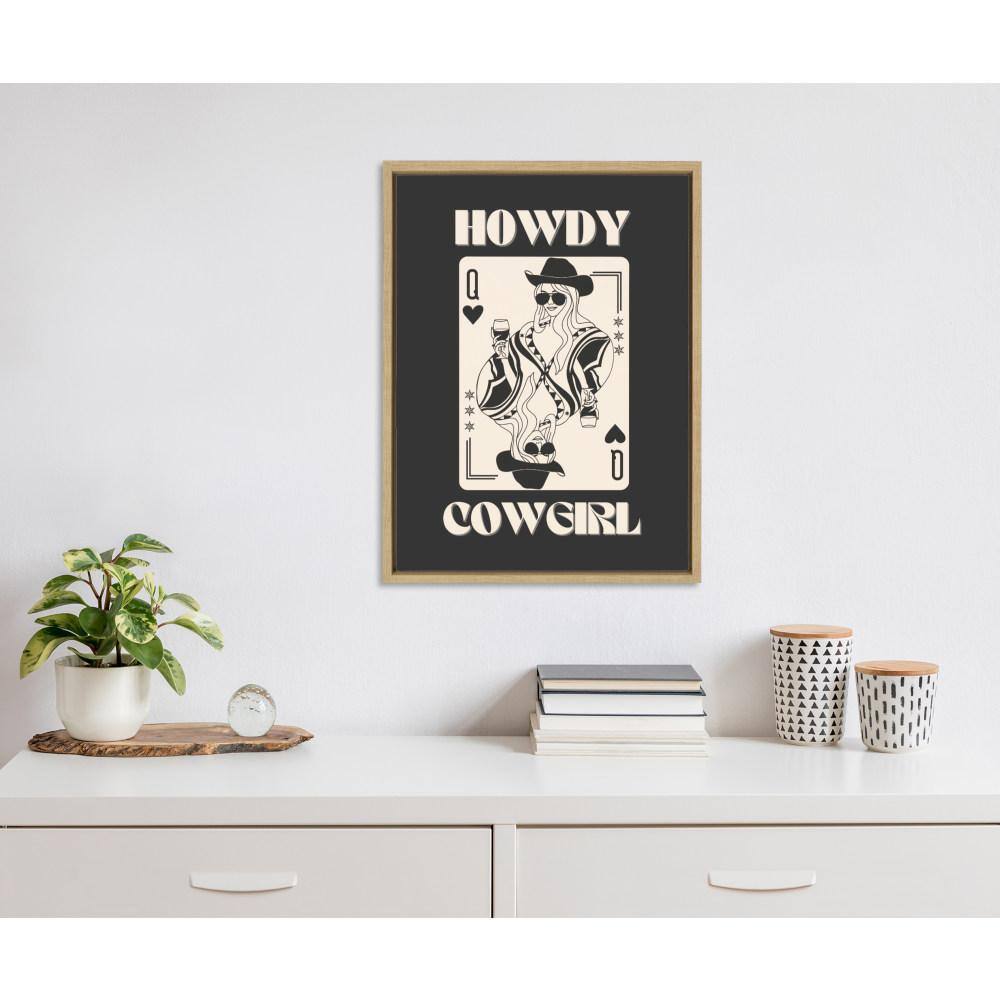 Howdy Cowgirl Queen Black and Beige Canvas Print with Natural Frame