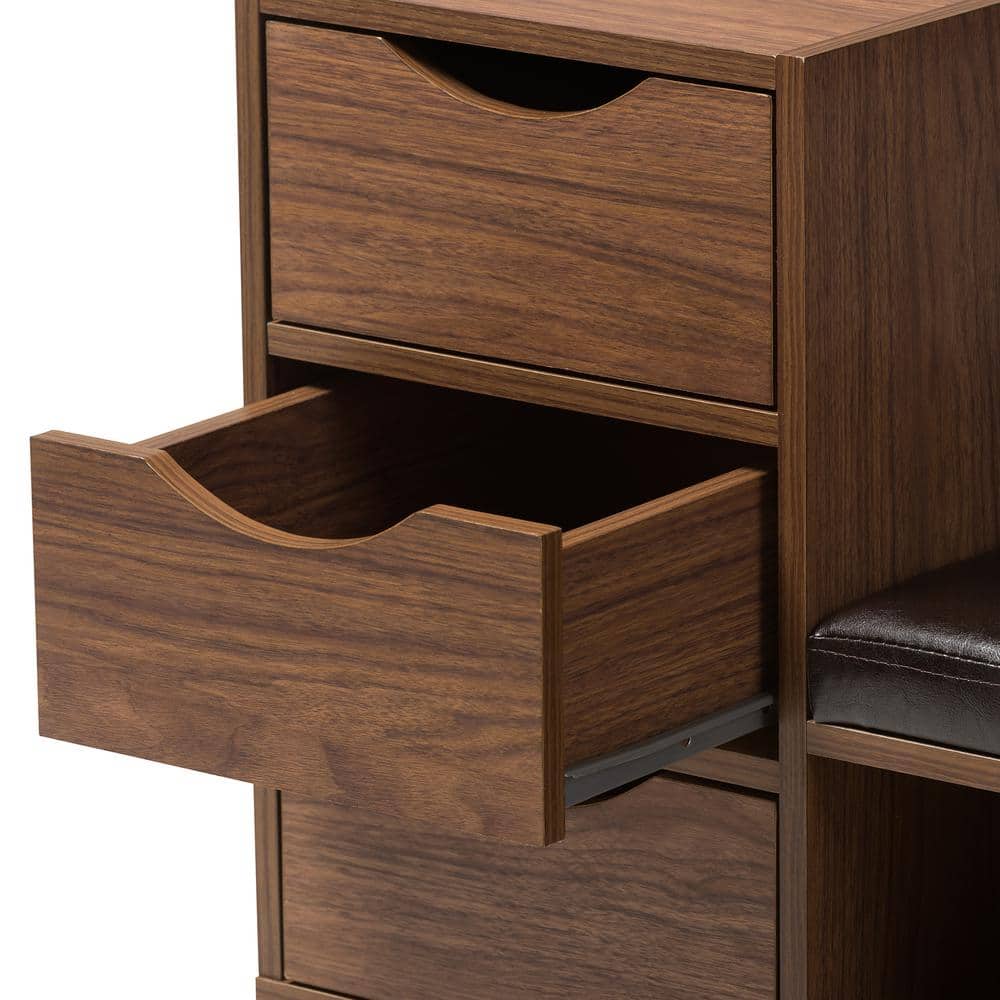 Walnut Brown Shoe Storage Bench with Faux Leather Seat