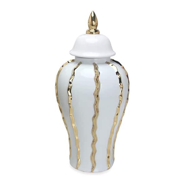 Afoxsos 8.50 in. W x 15.00 in. H Elegant White Ceramic Ginger Jar with Gold Accents - Timeless Home Decor