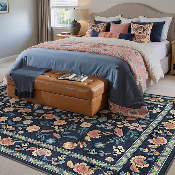 HaiiMeid Blossom Navy Blue 5 ft. x 7 ft. Floral Washable Area Rug