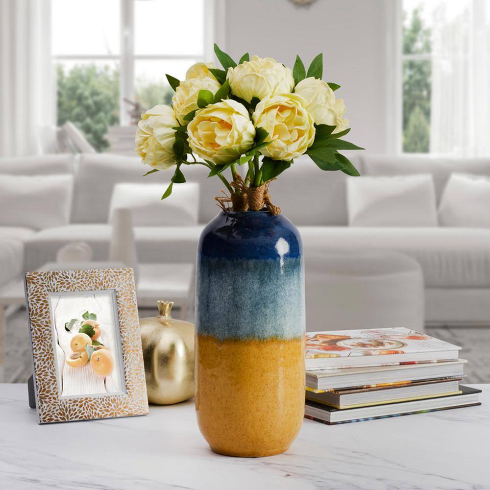 Blue and Tan Round Ceramic Table Vase