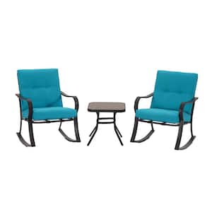 3-Pieces Wicker Outdoor Rocking Chair Bistro Conversation Set with Light Blue Cushions