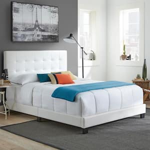Roma Upholstered Tufted Faux Leather Platform Bed with Bonus Base Wooden Slat System, Queen, White