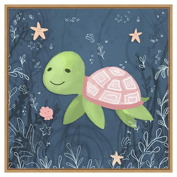Amanti Art Seahorse and Turtle Blue II by Hartworks 30 in. W x 30 in. H. Canvas Wall Art Print Framed in Brown