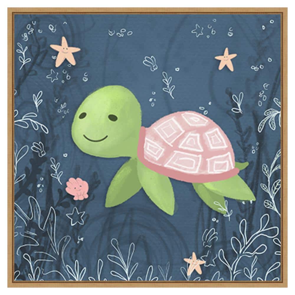 Hartworks Seahorse and Turtle Blue II 30" Canvas Print with Maple Frame
