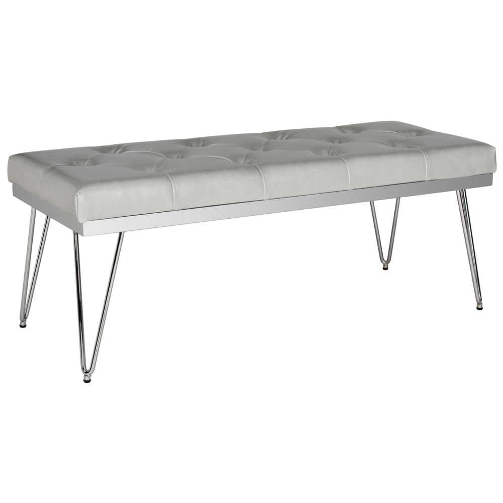 Marcella Gray Tufted Bench with Chrome Legs