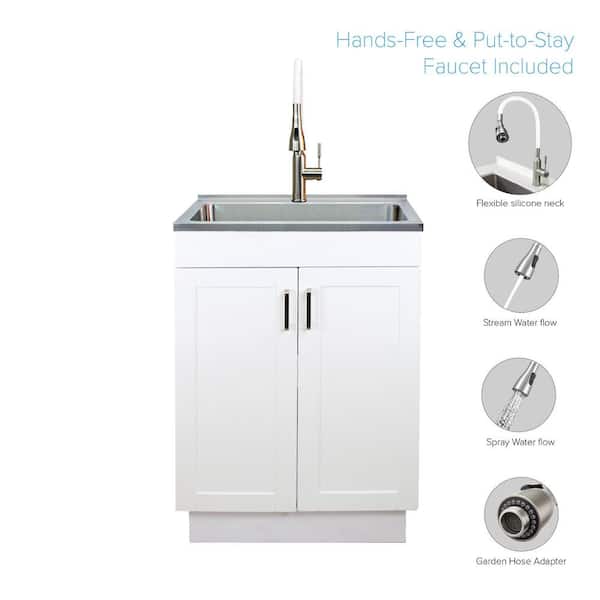 All-in-One 23.6 in. x 19.7 in. x 34.6 in. Stainless Steel Laundry/Utility Sink and Wood Cabinet with Faucet in White