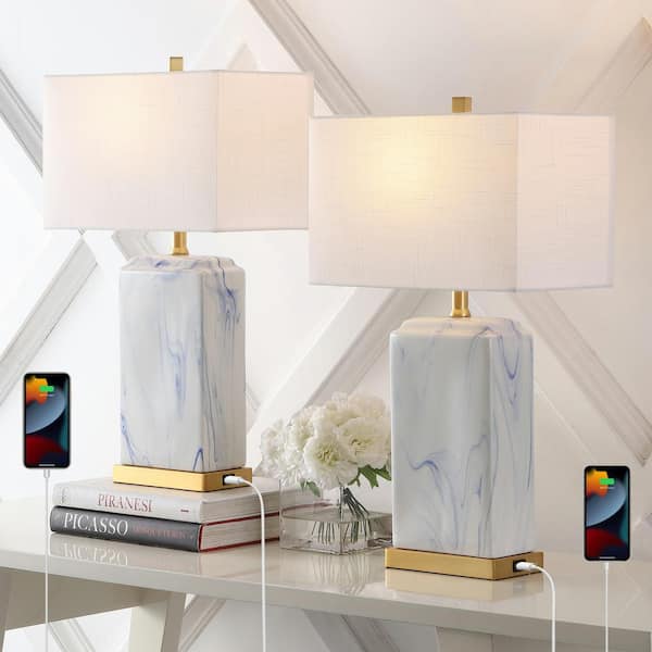 Chloe 24.5 in. Coastal Iron/Marbled Ceramic LED Table Lamp Set with USB Port and Linen Shade, Blue/White (Set of 2)
