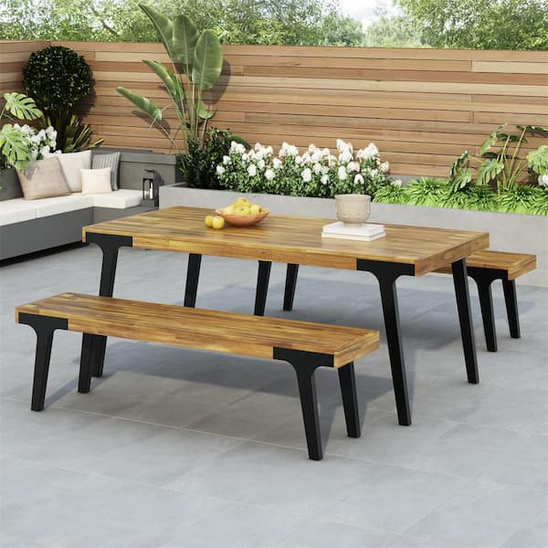 3-Piece Wood Patio Conversation Set, 1 Dining Table + 2 Dining Benches