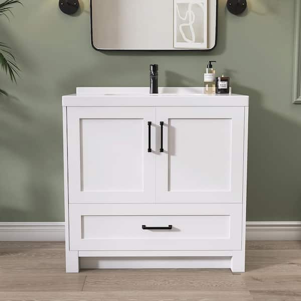 Solid Wood Bathroom Vanity Cabinet and 36 in. W x 22.5 in. D x 35.5 in. H with Basin Solid Surface Top in White