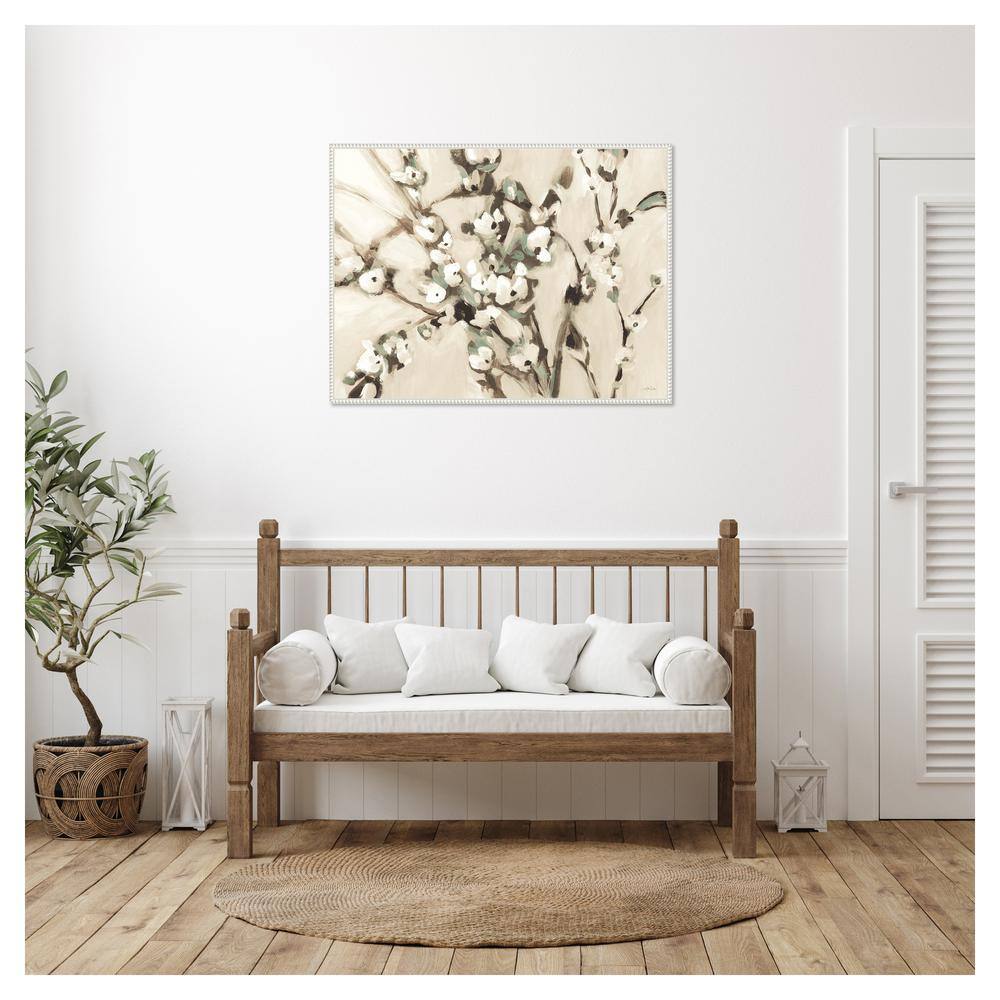 Wild Floral Branches Neutral Canvas Art with White Beaded Frame