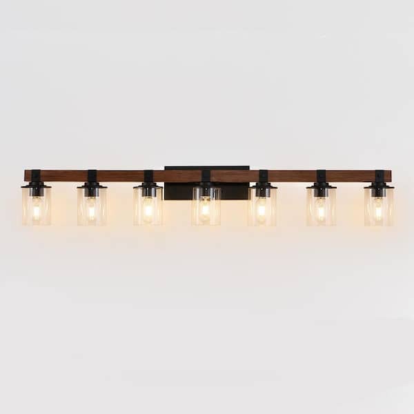 50 in. 7 Matte Black Vanity Light Fixture with Clear Glass Shades