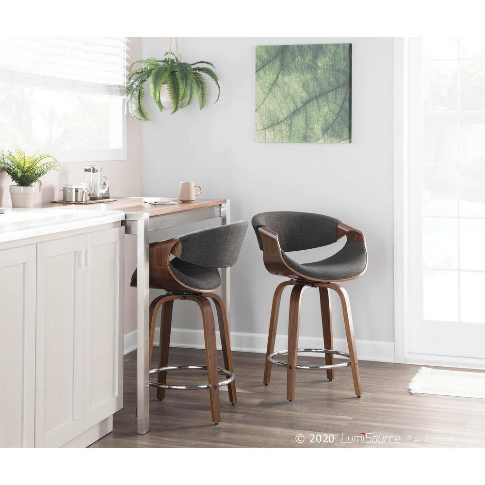 Walnut Wood and Charcoal Fabric Swivel Counter Stools