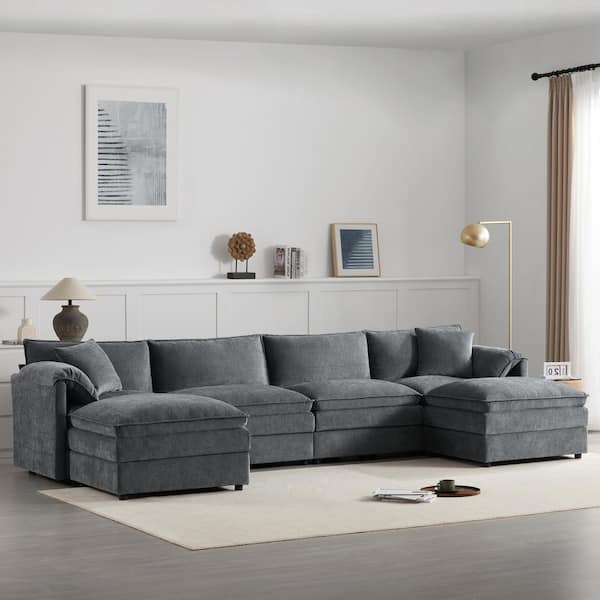 136 in. Pillow-Top Arm Chenille U-Shaped Modular Sectional Sofa in Dark Gray with Double Cushions, Movable Ottomans