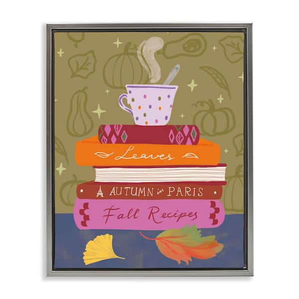 Stupell Industries Autumnal Mug on Bookstack by Be Ni La Gray Floater Frame Typography Graphic Art Print 21 in. x 17 in.