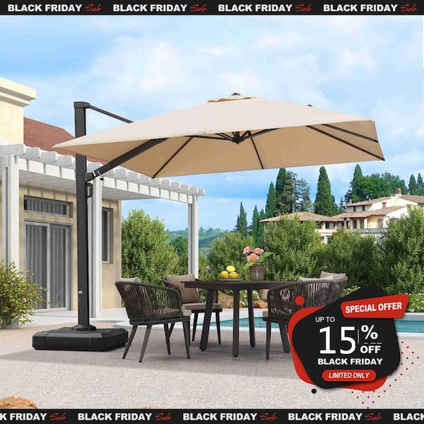 10 ft. Square Large Outdoor Aluminum Cantilever 360-Degree Rotation Patio Umbrella with Base, Beige