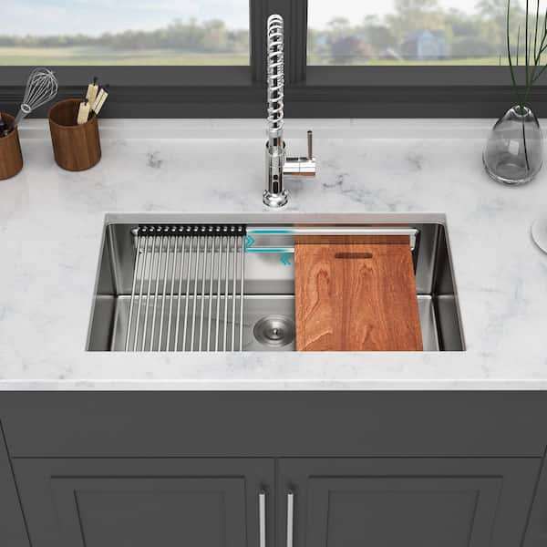 33 in. Undermount Single Bowl 16-Gauge Brushed Nickel Stainless Steel Workstation Kitchen Sink with Bottom Grids