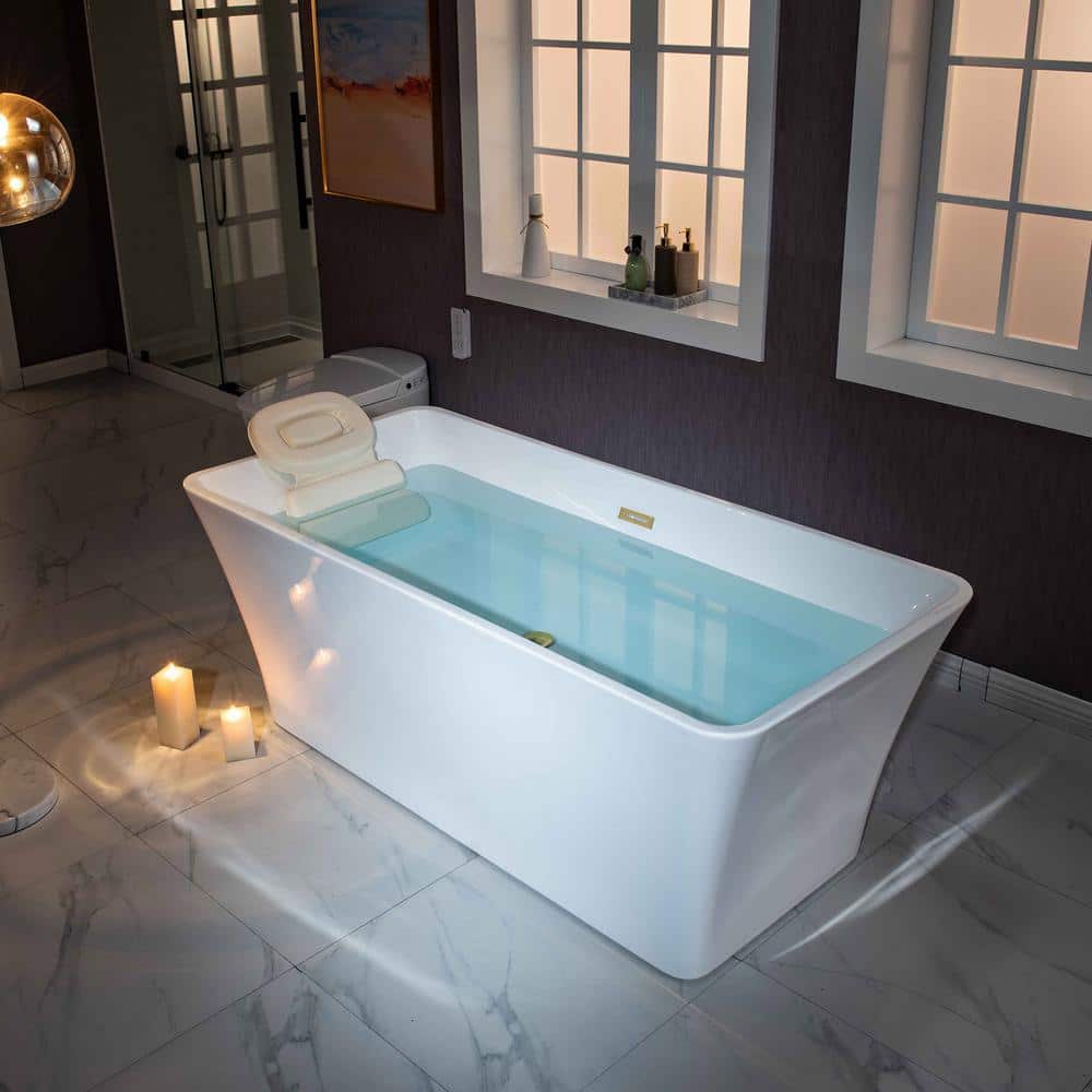 Echo 59'' White Acrylic Freestanding Soaking Bathtub with Brushed Gold Trim