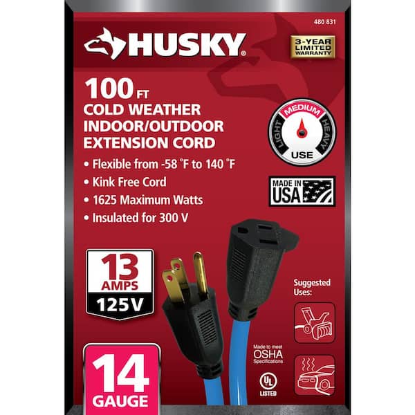 Husky 100 Ft Extension Cord 14/3 Indoor/Outdoor, Medium Duty 13amps, 1625  watts