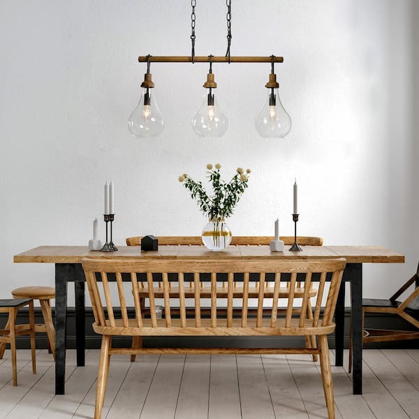 Farmhouse Teardrop Kitchen Island Chandelier 3-Light Rustic Black Faux Wood Linear Chandelier with Clear Glass Shades